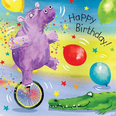 Hippo Unicycle - Childrens Birthday Card