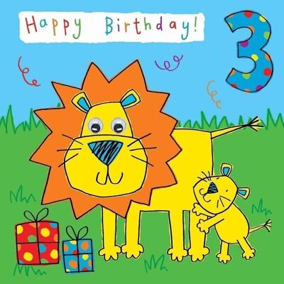 Carte d'anniversaire Lion Age 3 - Googly Eyes Hand Finished Card