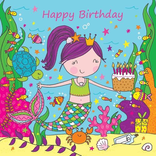 Mermaid Happy Birthday Card For Girls - Purple Hair