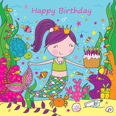 Tarjeta de feliz cumpleaños sirena para niña - Cabello morado