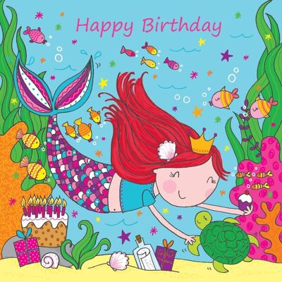 Tarjeta de feliz cumpleaños sirena para niña - Pelo rojo