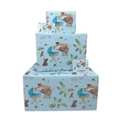 New Baby Blue Gift Wrap - Jungle Animals - 25 flat sheets