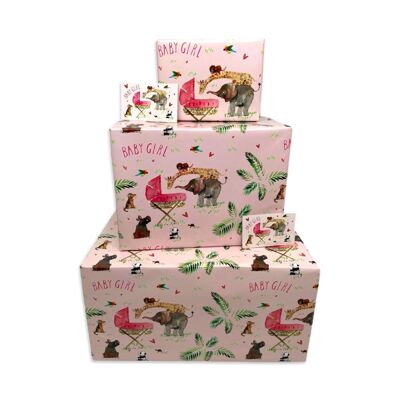New Baby Pink Gift Wrap - Jungle Animals - 25 flat sheets