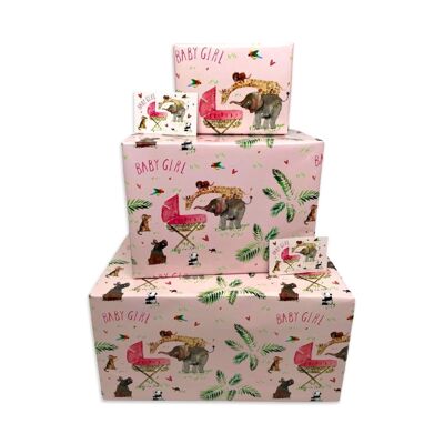 Nouveau Papier Cadeau Rose Bébé - Animaux de la Jungle - 25 draps plats