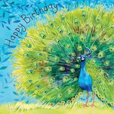 Tarjeta del feliz cumpleaños del pavo real
