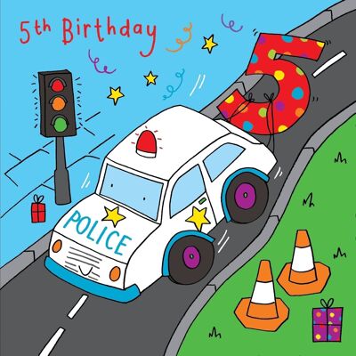 Tarjeta de 5º cumpleaños de coche de policía - Tarjeta de cumpleaños para niños