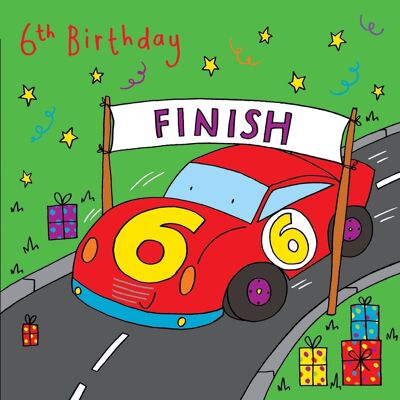 Tarjeta de cumpleaños número 6 de coche de carreras - Tarjeta de cumpleaños para niños