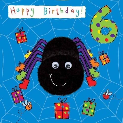 Spider Age 6 Birthday Card - Googly Eyes Hand Finished Card