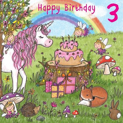 Biglietto di auguri di compleanno per ragazze di 3 anni con unicorno