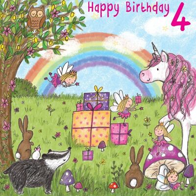 Biglietto di auguri di compleanno per ragazze di 4 anni con unicorno