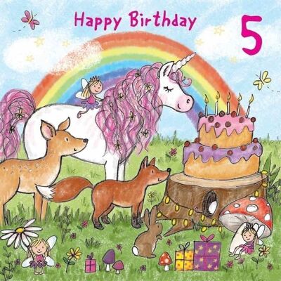 Biglietto di auguri di compleanno per ragazze di 5 anni con unicorno