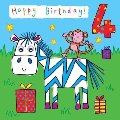 Zebra Age 4 Birthday Card - Googly Eyes Hand Finished Card