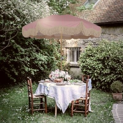 Vintage Style Outdoor Parasol Sun Shade - Beach, Garden, Glamping - Large 1.85m Wide -Fringe and Tilt Function- Matching Carry Bag - Blush Stripe