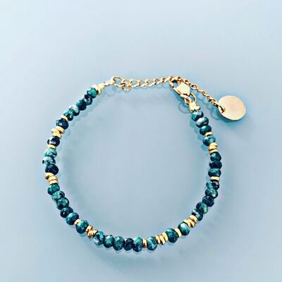 Armband aus grünen Jadeperlen, Panzerarmband für Frauen, magische Natursteine und 24 Karat vergoldete Heishi-Perlen, goldenes Armband (SKU: PR-012)