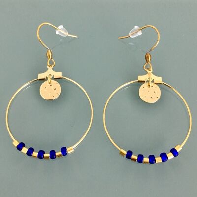 Boucles d'oreilles créoles dorées et bleu marine, bijou pour femme, creoles dorees, bijou doré, cadeau de noel, cadeau femme, bijou femme (SKU: PR-033)