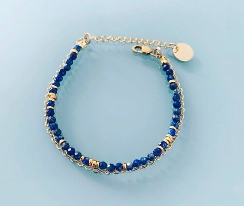 Bracelet double Lapis Lazuli, bracelet femme gourmette pierres naturelles magiques et perles Heishi plaqué or 24 k, bracelet doré (SKU: PR-035)