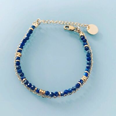 Bracelet double Lapis Lazuli, bracelet femme gourmette pierres naturelles magiques et perles Heishi plaqué or 24 k, bracelet doré (SKU: PR-035)