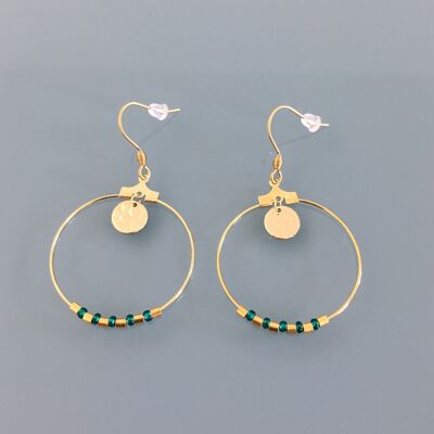 Golden creole earrings and green pearls, women's jewelry, golden creoles, golden jewelry, Christmas gift, women's gift, women's jewelry (SKU: PR-043)