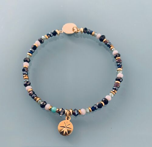 Bracelet Perles et rose des vents, bracelet femme gourmette pierres naturelles magiques et perles Heishi plaqué or 24 k, bracelet doré (SKU: PR-052)