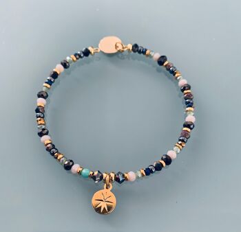 Bracelet Perles et rose des vents, bracelet femme gourmette pierres naturelles magiques et perles Heishi plaqué or 24 k, bracelet doré (SKU: PR-052) 1