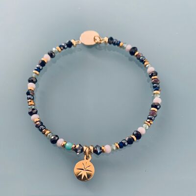 Bracelet Perles et rose des vents, bracelet femme gourmette pierres naturelles magiques et perles Heishi plaqué or 24 k, bracelet doré (SKU: PR-052)