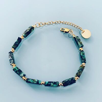 Afrikanisches Türkis-Armband, Panzerarmband für Frauen, magische Natursteine und 24 Karat vergoldete Heishi-Perlen, goldenes Armband (SKU: PR-055)