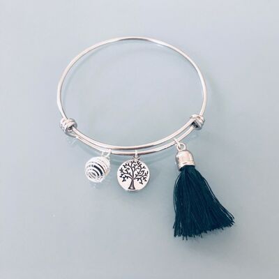 Brazalete de árbol de la vida con pompón verde y una perla de perfume, Pulsera de mujer de plata, joyería de regalo, brazalete de plata (SKU: PR-058)