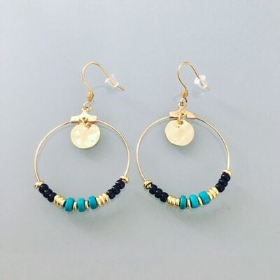 Pendientes étnicos de aro dorado en acero inoxidable y cuentas Heishi de oro y turquesa, joyería de mujer, regalo de navidad, regalo de mujer (SKU: PR-066)