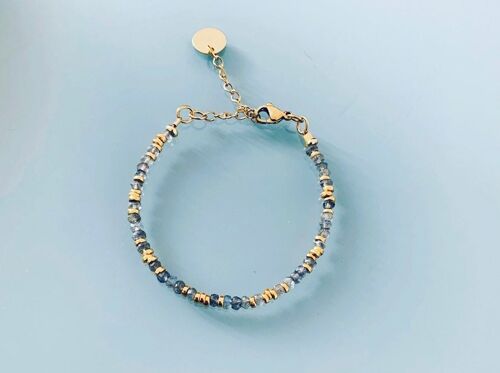 Bracelet Perles Labradorites, bracelet femme gourmette pierres naturelles magiques et perles Heishi plaqué or 24 k, bracelet doré (SKU: PR-070)