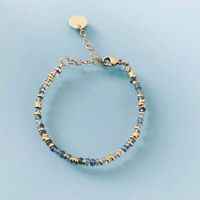 Bracelet Perles Labradorites, bracelet femme gourmette pierres naturelles magiques et perles Heishi plaqué or 24 k, bracelet doré (SKU: PR-070)