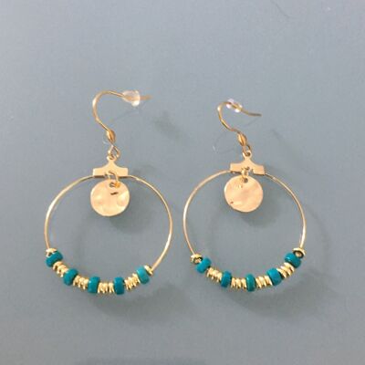 Boucles d'oreilles créoles dorées en acier inoxydable et perles Heishi or et turquoise, bijou femme, bijoux x, cadeau femme (SKU: PR-084)