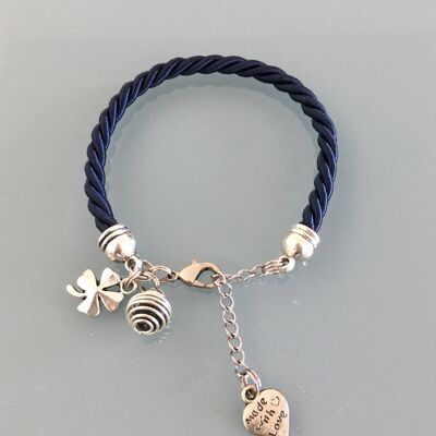 Bracelet à parfumer en soie tissée bleu marine avec trèfle, cadeau de noel, bracelet femme, bijou trèfle, idée cadeau femme anniversaire (SKU: PR-089)