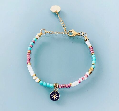 Bracelet étoile du Nord et perles, bracelet femme gourmette pierres naturelles magiques et perles Heishi plaqué or 24 k, bracelet doré (SKU: PR-100)