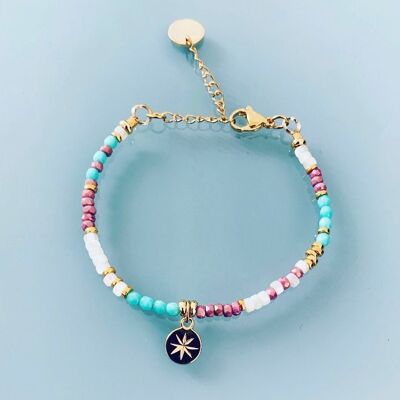 Bracelet étoile du Nord et perles, bracelet femme gourmette pierres naturelles magiques et perles Heishi plaqué or 24 k, bracelet doré (SKU: PR-100)