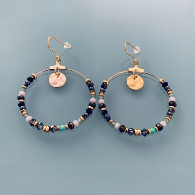 Golden bohemian hoops with Swarovski stones and gold-plated beads (SKU: PR-103)