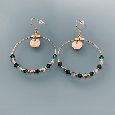 Golden bohemian hoops with Swarovski stones and gold-plated beads (SKU: PR-104)