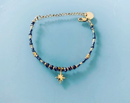 Bracelet étoile du Nord et perles, bracelet femme gourmette pierres naturelles magiques et perles Heishi plaqué or 24 k, bracelet doré (SKU: PR-116)
