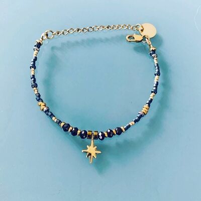 Pulsera estrella del norte y perlas, pulsera curb de mujer piedras naturales mágicas y perlas Heishi chapadas en oro de 24k, pulsera dorada (SKU: PR-116)