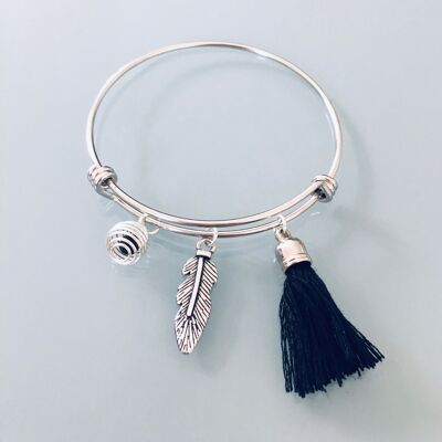 Silver bangle bracelet with feather, pompom and a pearl to perfume, Women's silver bracelet, gift jewelry, feather jewelry (SKU: PR-121)