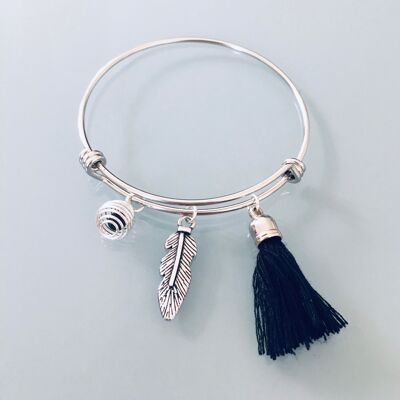 Bracelet jonc en argent avec plume, pompon et une perle à parfumer, Bracelet Femme en argent, bijoux cadeaux, bijou plume (SKU: PR-121)