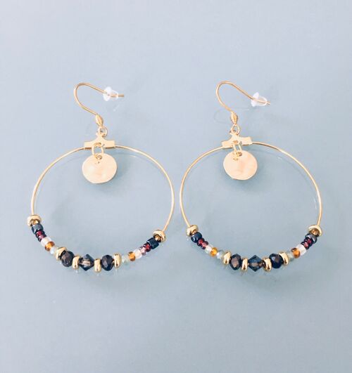 Boucles d’oreilles bohèmes pampilles et perles, bijou pour femme, créoles dorées, bijou doré, bijoux cadeaux, cadeau femme, bijou bohème (SKU: PR-129)