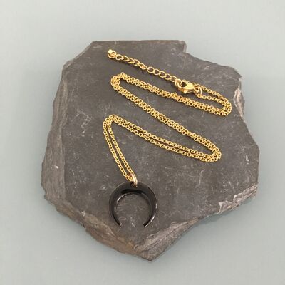 Moon necklace, horn necklace, gold moon necklace, gold necklace, women, women black horn moon necklace, women jewelry, Christmas gift idea (SKU: PR-134)