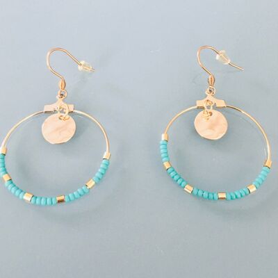 Boucles d'oreilles créoles dorées en acier inoxydable et perles or et turquoise, bijou femme, bijoux, cadeau femme (SKU: PR-164)
