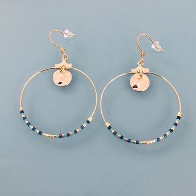 Boucles d'oreilles créoles ethniques dorées en acier inoxydable et perles Miyuki or et turquoise, bijou femme, cadeau de noel, cadeau femme (SKU: PR-173)