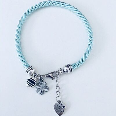 Bracelet à parfumer en soie tissée turquoise avec trèfle, cadeau de noel, bracelet femme, bijou trèfle, cadeau  femme anniversaire (SKU: PR-176)
