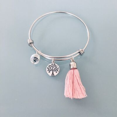 Bracciale rigido albero della vita con pompon rosa e una perla da profumare, braccialetto d'argento da donna, gioielli regalo, braccialetto d'argento (SKU: PR-183)