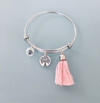 Bracelet jonc arbre de vie avec pompon rose et une perle à parfumer, Bracelet Femme en argent, bijoux cadeaux, jonc argent (SKU: PR-183)