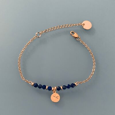 Bracelet Lapis Lazuli et rose des vents, bracelet femme gourmette pierres naturelles magiques et perles Heishi plaqué or 24 k, bracelet doré (SKU: PR-185)