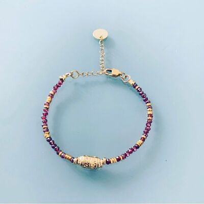 Pulsera amuleto y perlas, pulsera mujer curb talismán mágico y cuentas Heishi chapado en oro de 24k, pulsera dorada (SKU: PR-190)