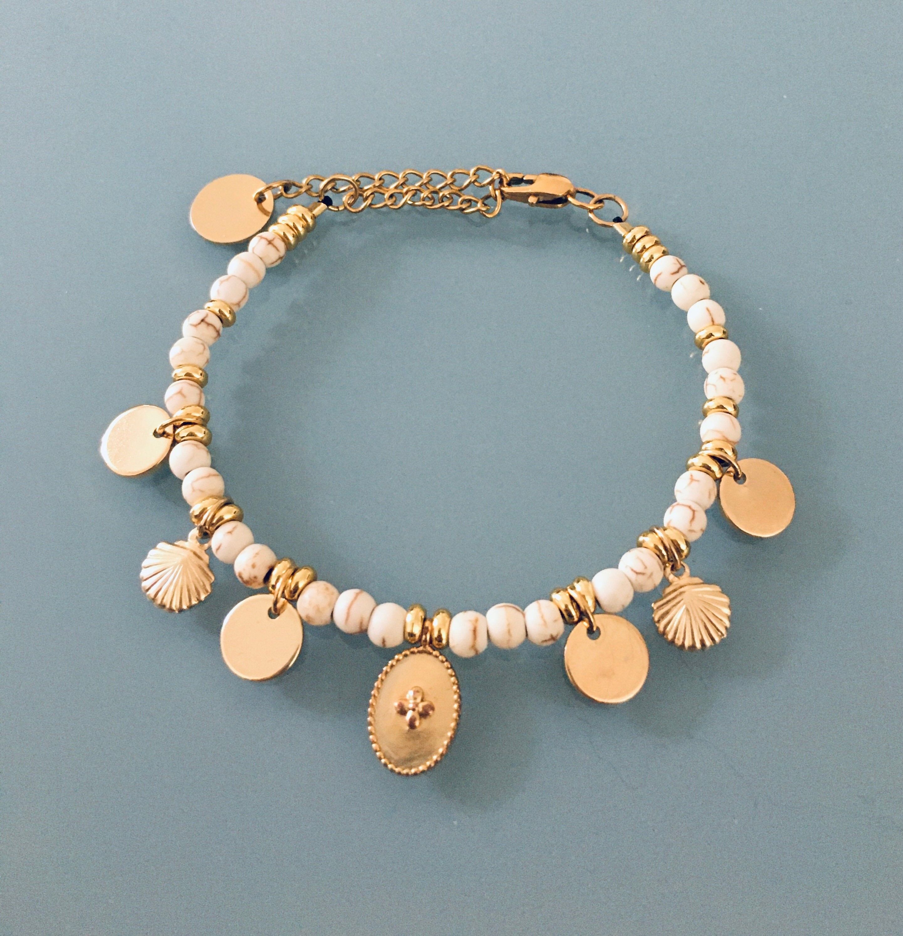 Gold-plated cross bracelet and shells, gold bracelet, shell bracelet, gift jewelry, gold woman jewelry (SKU: PR-196)